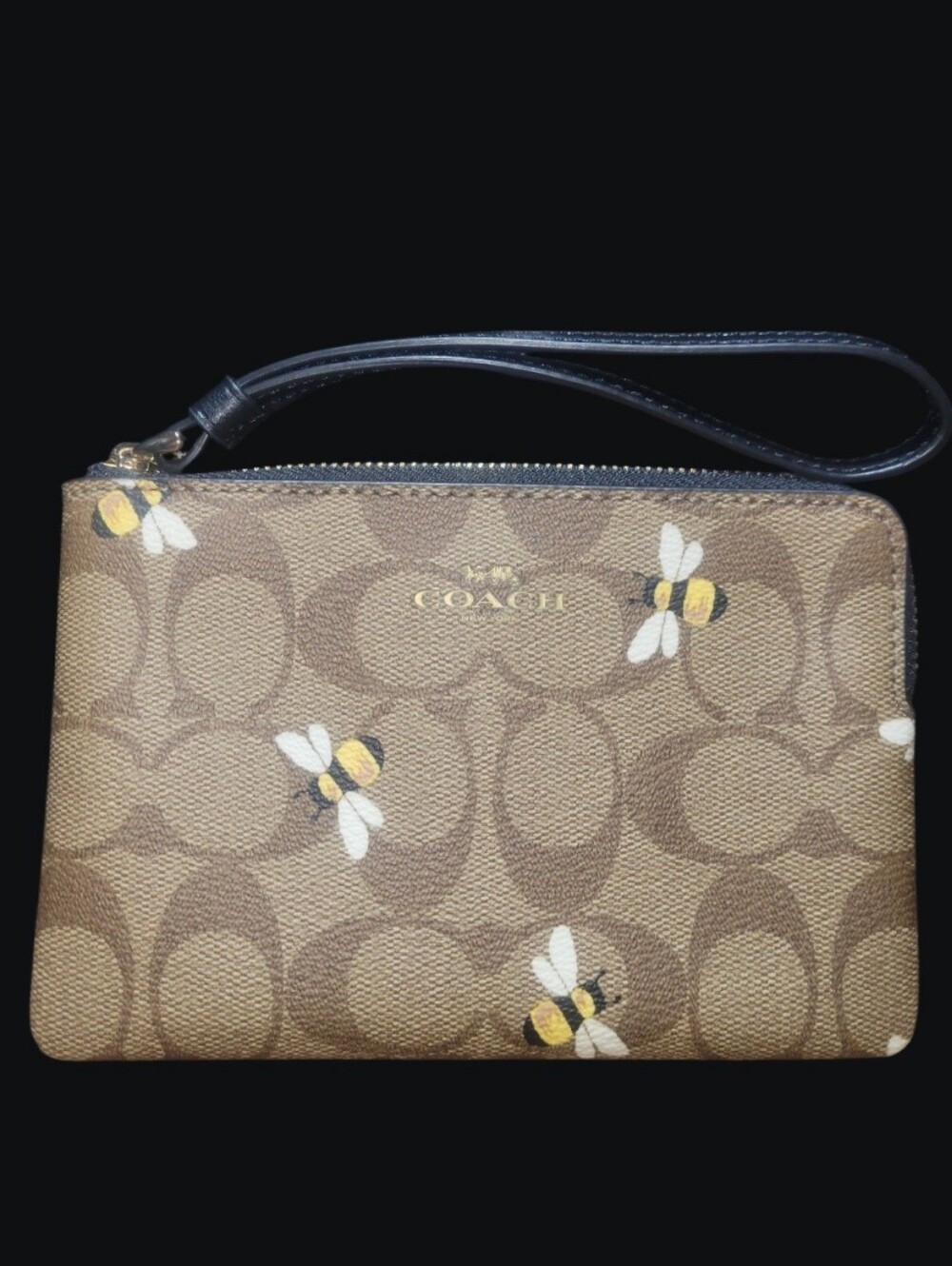Coach Brown Signature Bee Zip Wristlet with Black Strap Style #C8674